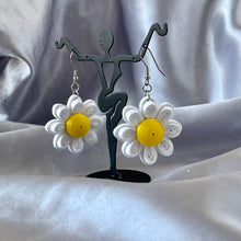 Load image into Gallery viewer, Handmade lightweight paper quilled earrings in a Daisy flower shape. White &amp; Yellow color.
