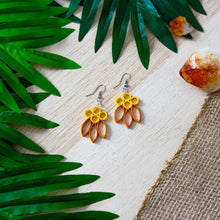 Load image into Gallery viewer, Handmade paper quilled light weight dangle earrings in deep yellow and pumpkin colors inspired by the Fall / Autumn season&#39;s colors in fish hook style.
