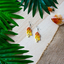 Load image into Gallery viewer, Fall / autumn colors inspired drop earrings in fish hook style in multi-color with pumpkin, deep yellow and pale yellow colors..

