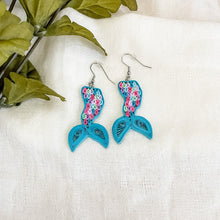 Load image into Gallery viewer, Handmade lightweight paper quilled earrings inspired by Mermaids in mermaid tail shape., teal and pink shades
