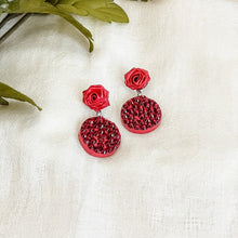 Load image into Gallery viewer, Handmade earrings with paper quilled rose stud and rhinestones in red color.
