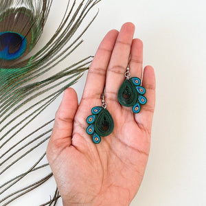 Handmade lightweight paper quilled earrings inspired by Peacocks.