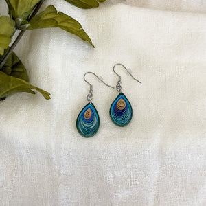 Handmade lightweight paper quilled earrings inspired by Peacock colors.