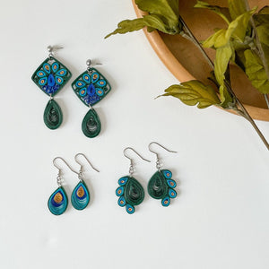 Handmade lightweight paper quilled earrings inspired by Peacocks.