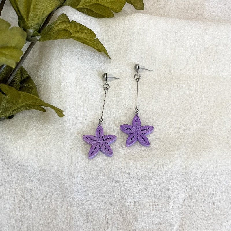 Handmade paper quilled earrings in starfish shape and purple color