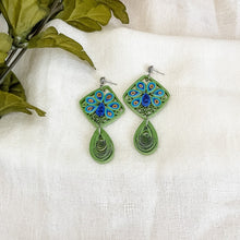 Load image into Gallery viewer, Handmade lightweight paper quilled earrings inspired by Peacocks.
