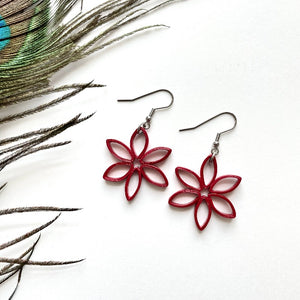 Paper Quilled Earrings in Flower shape in Red color.
