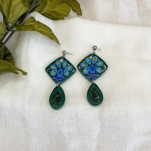 Load image into Gallery viewer, Handmade lightweight paper quilled earrings inspired by Peacocks.

