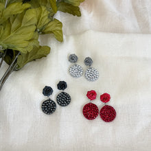 Load image into Gallery viewer, Handmade earrings with paper quilled rose stud and rhinestones in red, grey and black colors.
