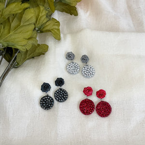 Handmade earrings with paper quilled rose stud and rhinestones in red, grey and black colors.