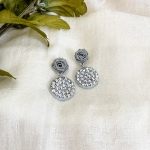 Handmade earrings with paper quilled rose stud and rhinestones in grey color.