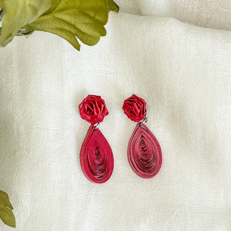 Handmade earrings with paper quilled rose and Teardrop in red color.