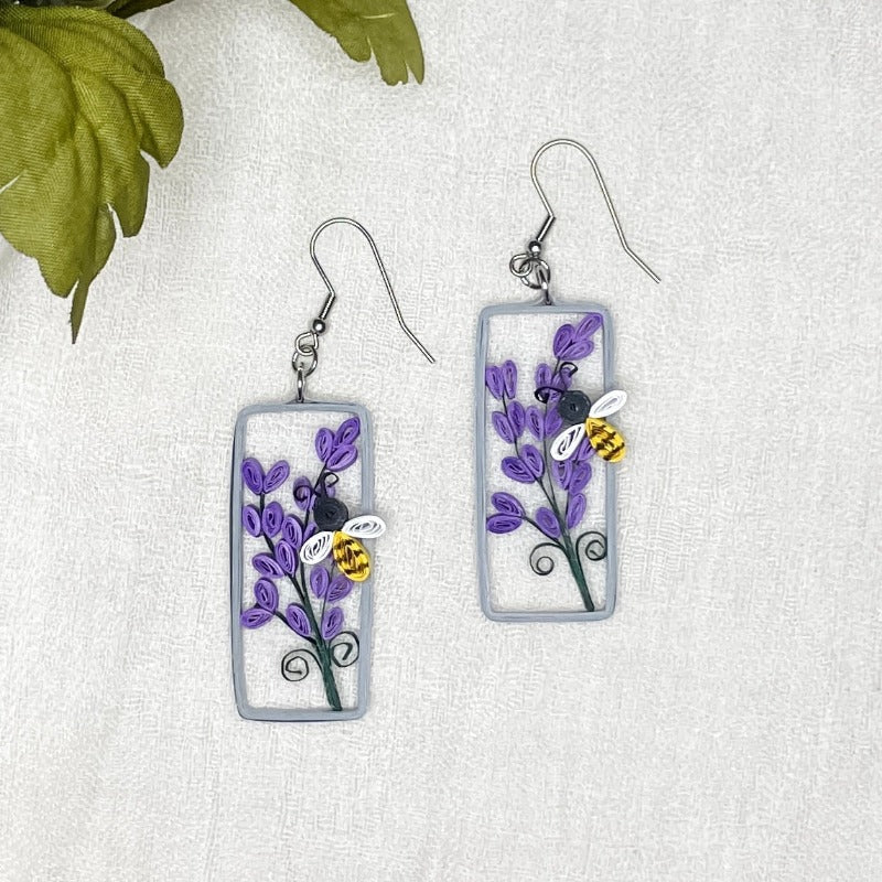 Paper Quilled Earrings in Lavender Flower and Bee design.