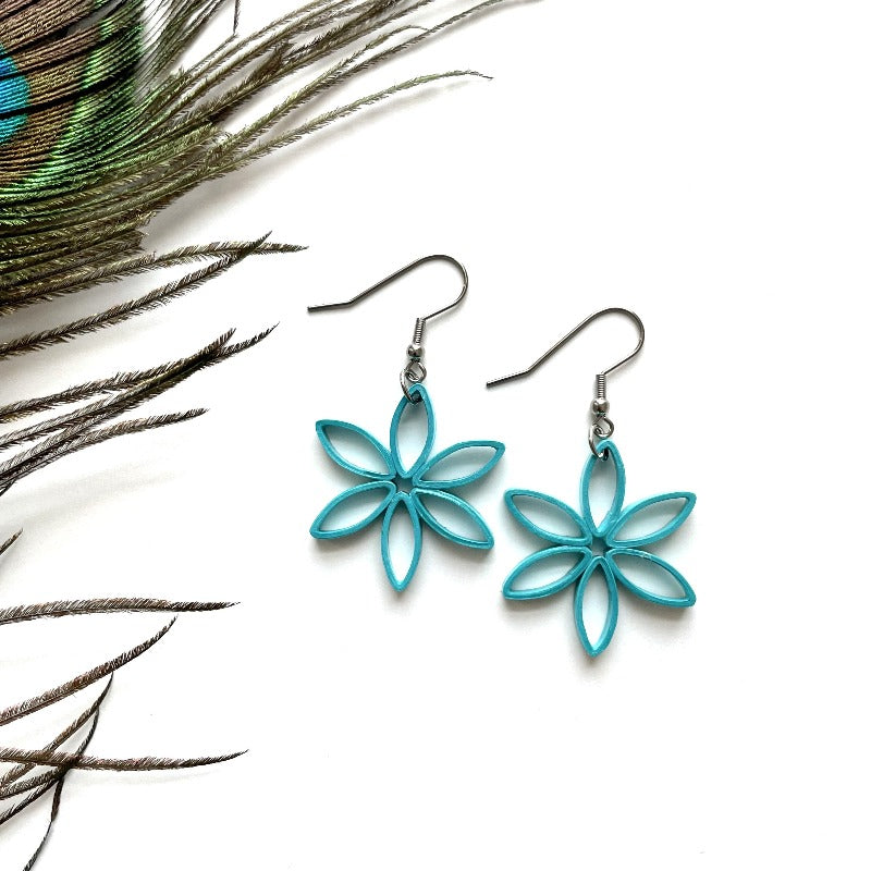 Paper Quilled Earrings in Flower shape in Teal color.